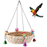 Seully Juguete para Loro Nido de Pájaro- Columpio de Cama de Nido de Paja Tejido a Mano Natural con 4 Campanas de Metal…